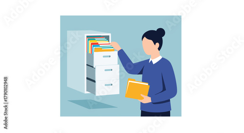 Woman organizing files and documents, placing a folder into an open filing cabinet, representing administration, archiving, and office work.