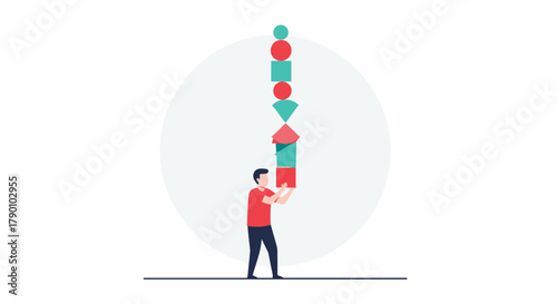 Man carefully balancing a tall, unstable stack of various geometric shapes, symbolizing risk management, balance, and managing complexity.
