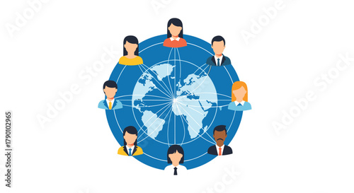 Diverse group of business people from around the world connected in a global network, illustrating international teams and globalization.