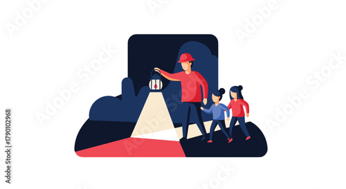 Father wearing a hard hat and holding a lantern guides two children through a dark cave, symbolizing guidance, exploration, and parental protection.