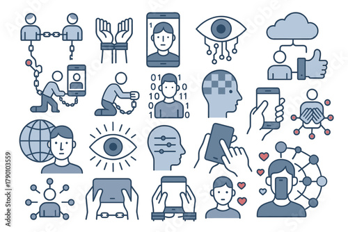 Digital Surveillance and Social Media Addiction Icons – Technology and Privacy Set