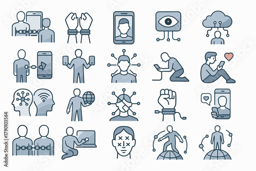 Digital Addiction and Social Media Control Icons – Technology and Society Set