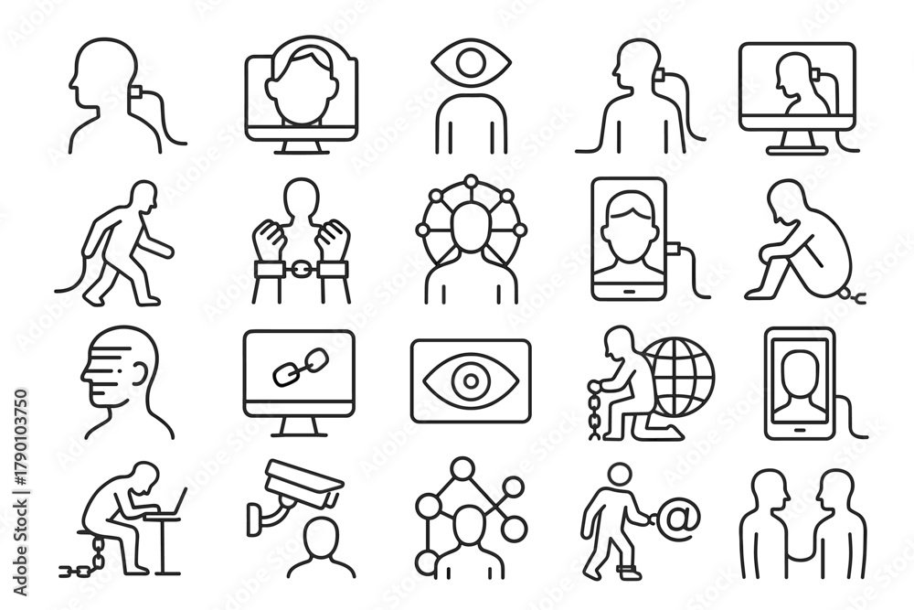Fototapeta premium Digital Surveillance and Technology Dependence Icons – Privacy and Control Line Set