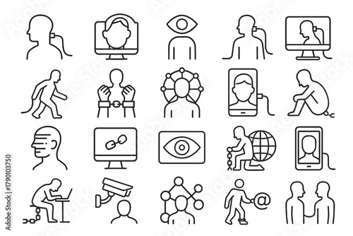 Digital Surveillance and Technology Dependence Icons – Privacy and Control Line Set