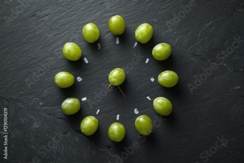 twelve green grapes are arranged in a perfect circle as a clock face. Spanish new year tradition