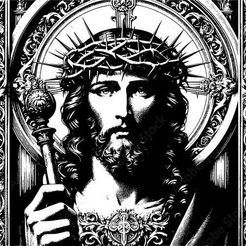 Solemn Figure: An intimate depiction of a figure with a crown of thorns and regal bearing, symbolizing reverence and devotion.