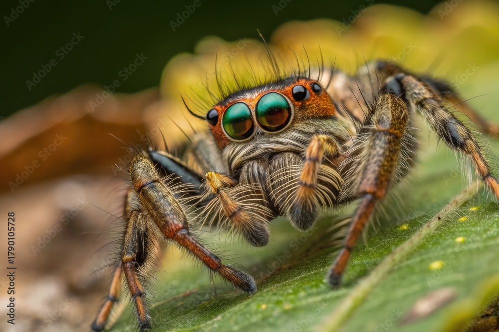 Fototapeta premium Colorful Spider Resting on a Green Leaf in a Natural Setting