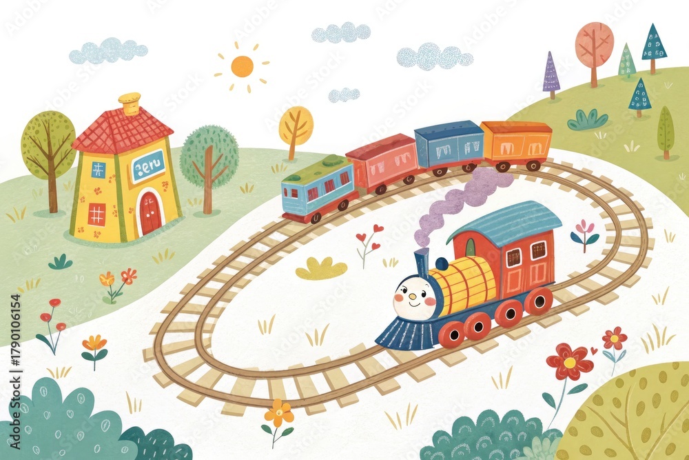 Obraz premium Colorful Train Travels Through a Cheerful Landscape Near a Small House
