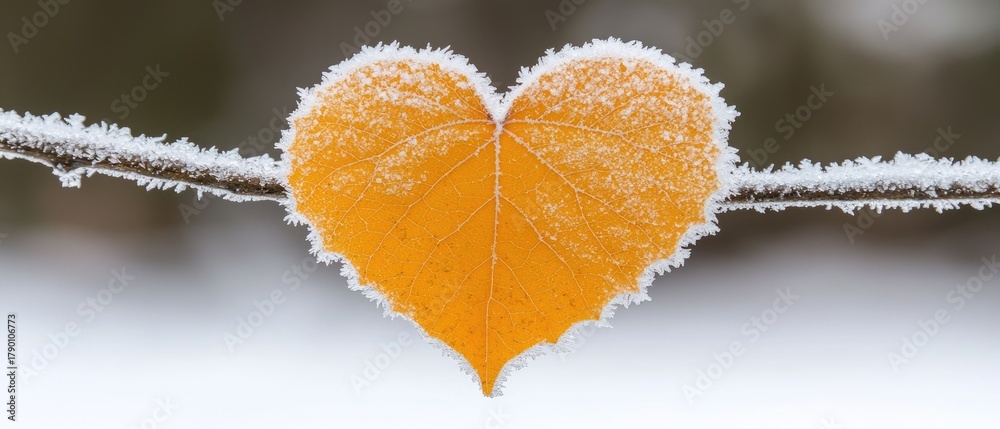 Fototapeta premium Close-up of heart-shaped orange leaf on branch covered in snow with blurred winter forest in background