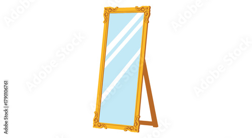 An ornate golden framed full length mirror standing against a white background
