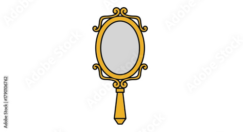 An ornate yellow hand mirror with a simple reflective oval surface
