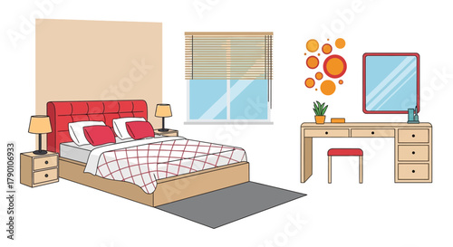 A brightly colored bedroom interior with a red bed and dressing table