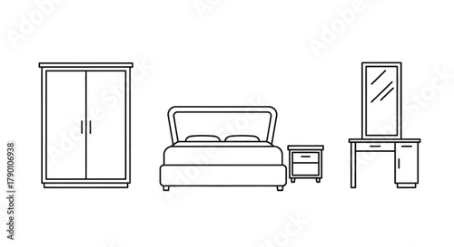 Quadro su tela Simple bedroom furniture set illustration bed wardrobe dressing table and nights