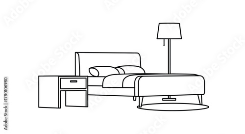 Simple bedroom illustration featuring a bed nightstand and floor lamp design