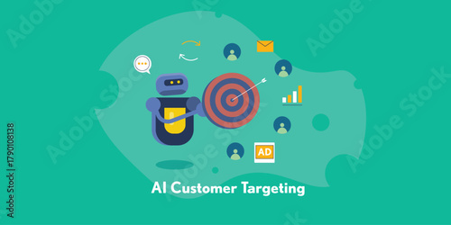 Robot strategist hit the center of the target board using data driven precision marketing and intelligent ad targeting connecting customer insights.