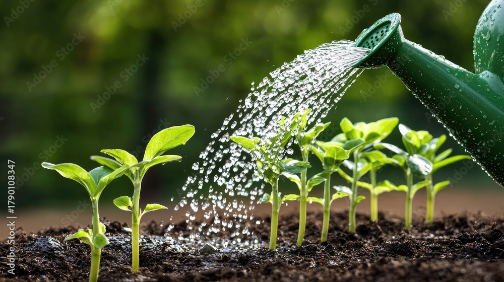 Fototapeta premium Pouring water from a green watering can onto seedlings in a garden, showcasing the beauty of nurturing plant growth and nature