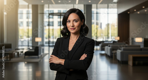 Confident professional woman wearing a fitted black blazer with arms crossed, photographed in a modern corporate lobby under soft directional lighting, captured with a crisp high-end business portrait