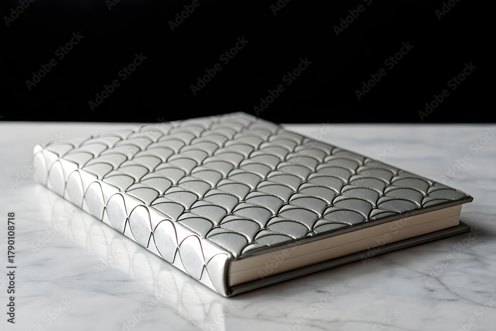 Fototapeta premium Closed silver hardcover book with embossed scale pattern on marble surface and black background, symbolizing elegance, value, and knowledge