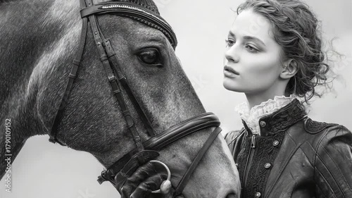 A young woman with curly hair shares a quiet moment of connection and affection with a majestic equine companion in a monochrome portrait.