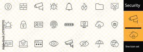 Security and internet protection icons for web and mobile app. Password, security system, finger print, spy, electronic key and more