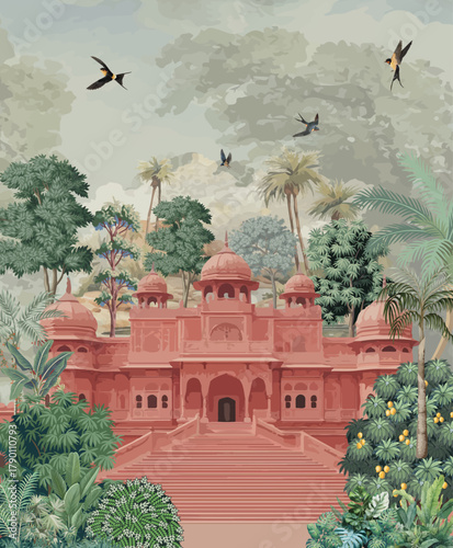 Indian peacock with temple, flower vase illustration for wedding invitation.