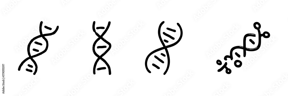 Fototapeta premium Dna And Molecular Structure Line Icon Set In Doodle Style. Genetic Code, Biotechnology, And Molecular Biology Outline Sketch Collection. Hand Drawn Isolated Vector Illustration