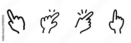 Hand Gesture Line Icon Set In Doodle Style. Pointing And Clicking Actions Outline Sketch Collection. User Interface And Interaction Design. Hand Drawn Isolated Vector Illustration