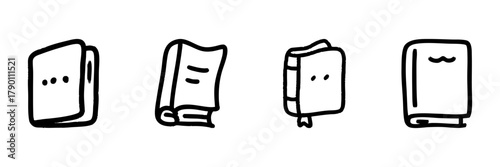 Books Line Icon Set In Doodle Style. Literature, Education, And Knowledge Representation Outline Sketch Collection. Hand Drawn Isolated Vector Illustration