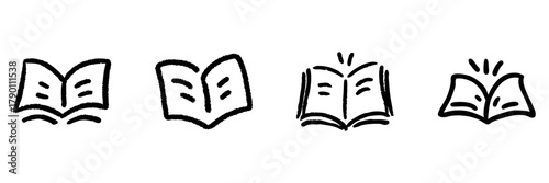 Open Book Line Icon Set In Doodle Style. Knowledge, Education, And Learning Symbol Outline Sketch Collection. Academic And Literary Concept. Hand Drawn Isolated Vector Illustration