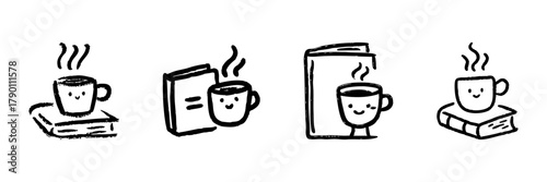 Coffee And Book Line Icon Set In Doodle Style. Cozy Reading, Relaxation, And Leisure Time Outline Sketch. Perfect For Book Lovers And Coffee Enthusiasts. Hand Drawn Isolated Vector Illustration
