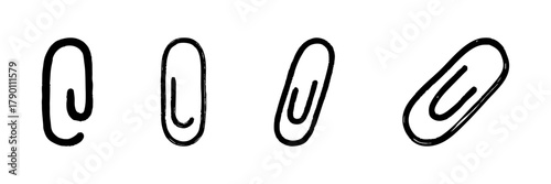Paperclip Line Icon Set In Doodle Style. Office Supplies, Document Organization, And Stationery Tools Outline Sketch Collection. Hand Drawn Isolated Vector Illustration