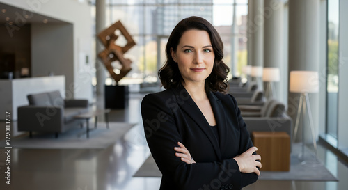 Confident professional woman wearing a fitted black blazer with arms crossed, photographed in a modern corporate lobby under soft directional lighting, captured with a crisp high-end business portrait