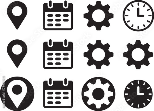 Minimal UI Icon Set – Location, Calendar, Gear, Clock Variants
