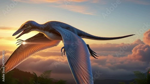 Flying Pterodactyl Dinosaur Gliding Through Sky During Sunset in Prehistoric Environment