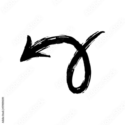 Black Ink Brush Stroke Arrow Pointing Left with Swirl, Graphic Design Element