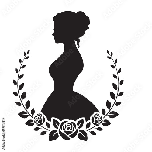 Silhouette of Victorian Woman with Flowers Elegant Lady in Gown with Floral Adornments 19th Century Fashion Noblewoman in Formal Dress