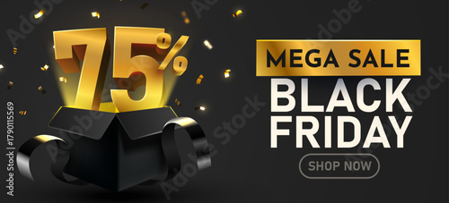 Black Friday Mega Sale banner with 75 percents discount in a gift box, featuring golden confetti on a dark background. Vector illustration