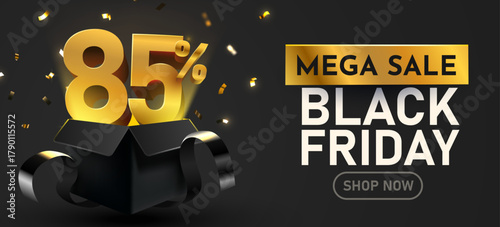 Black Friday Mega Sale banner with 85 percents discount in a gift box, featuring golden confetti on a dark background. Vector illustration