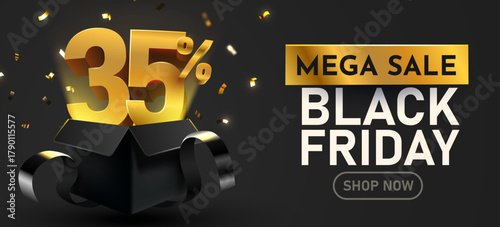 Black Friday Mega Sale banner with 35 percents discount in a gift box, featuring golden confetti on a dark background. Vector illustration
