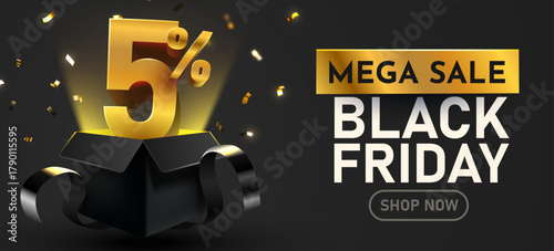 Black Friday Mega Sale banner with 5 percents discount in a gift box, featuring golden confetti on a dark background. Vector illustration