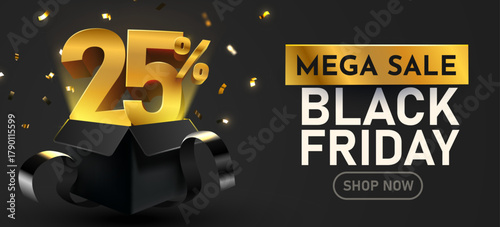 Black Friday Mega Sale banner with 25 percents discount in a gift box, featuring golden confetti on a dark background. Vector illustration