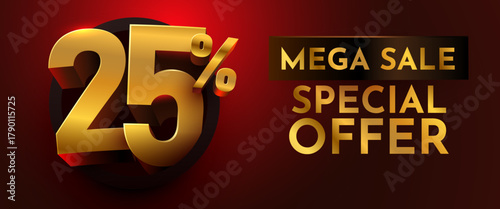 Golden 25 discount special offer with Mega Sale text on a luxurious dark red background. Ideal for promotions and advertising banners. Vector illustration