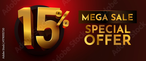Golden 15 discount special offer with Mega Sale text on a luxurious dark red background. Ideal for promotions and advertising banners. Vector illustration