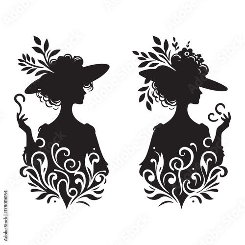 Silhouette of Victorian Woman with Flowers Elegant Lady in Gown with Floral Adornments 19th Century Fashion Noblewoman in Formal Dress