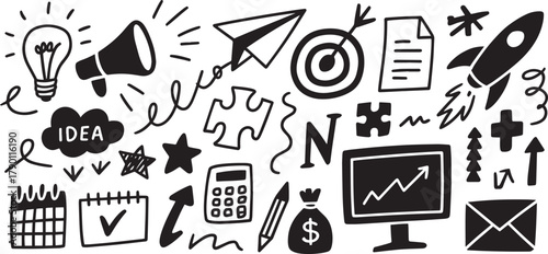 Business Doodle Icon Set – Hand-Drawn Black Sketches of Finance, Strategy, and Productivity Symbols