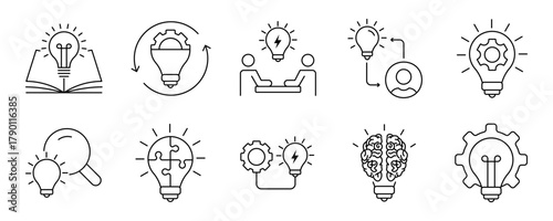 Minimalist Creativity line icons set with editable stroke, featuring originality, innovation, design, idea, innovation, vision, invest, visual thingking, drafting, geometri. thin linear illustration.