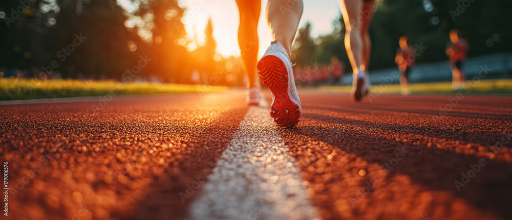 Fototapeta premium The legs of runners at sunset crossing the finish line convey dynamism and determination to achieve a goal, making them ideal as motivational background images for sports projects.