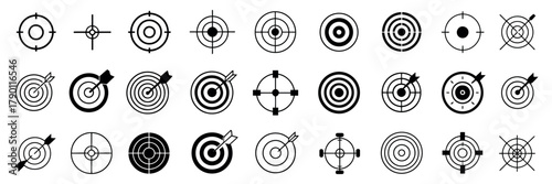 Target and aim icon set. vector illustration of cross hair, bullseye, and focus symbols representing accuracy, precision, goal setting, shooting, and navigation concepts in flat design style.