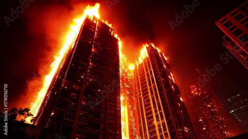 Towering infernos engulf city skyscrapers, casting an ominous glow across the night sky, illustrating the destructive power of uncontrolled flames.