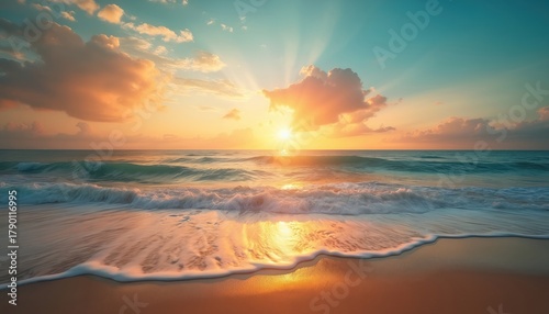 Sunrise over ocean beach with gentle waves. Sun rays break through clouds casting golden light on sand and water. Serene morning seascape with calm sea and blue sky.